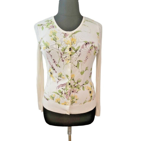 AGB Floral Sweater Women's XL Button Front Summer Cardigan Off White - Picture 4 of 12
